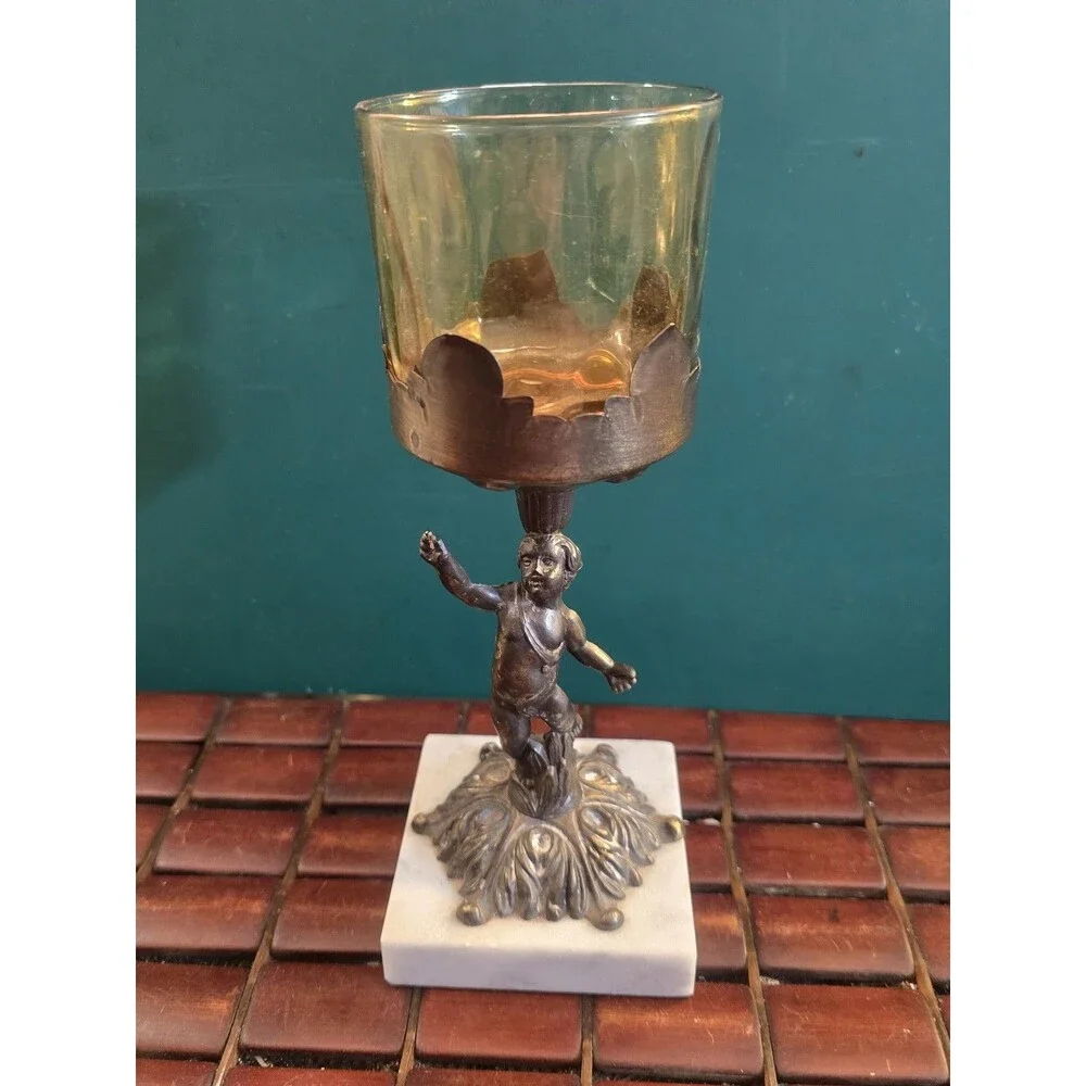 Cherub Candle Holder Bronze  w/ Marble Base Vintage Hollywood Regency 9.25